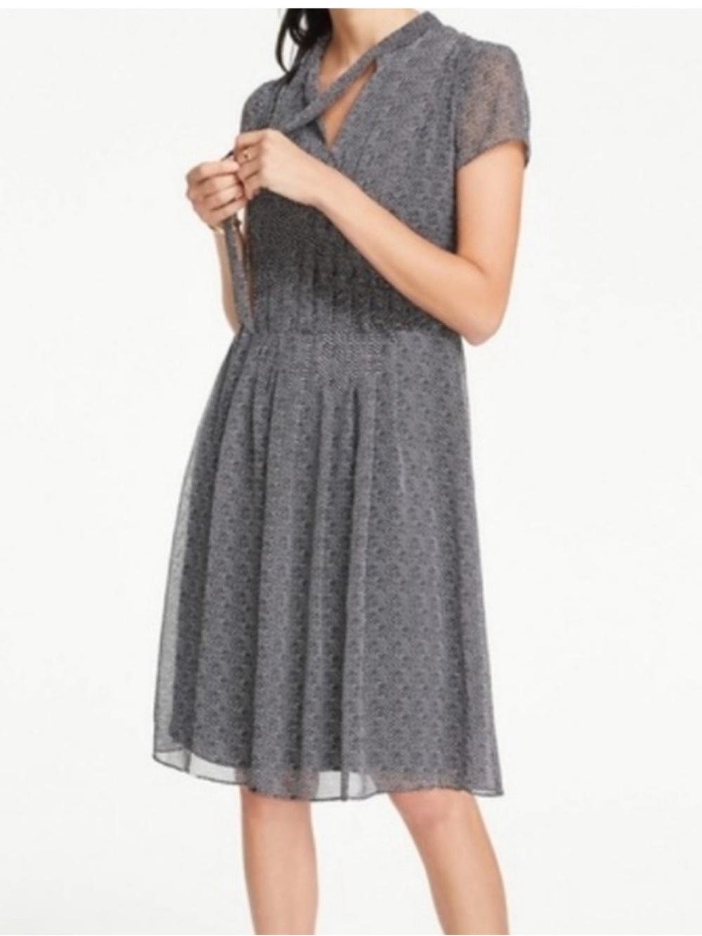 Ann Taylor Black Herringbone Pleated Neck Tie Dress